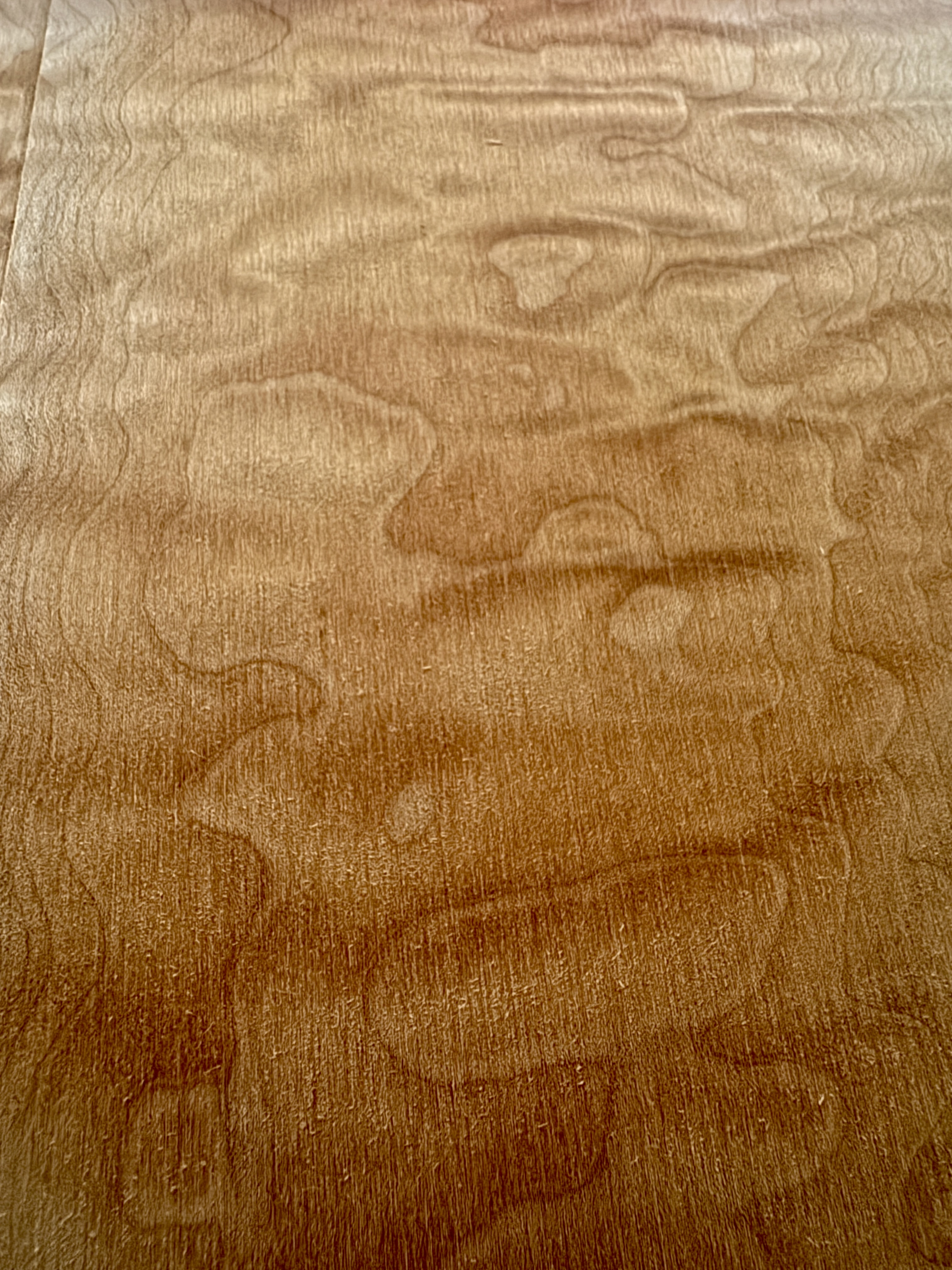 Close-up of figured wood under a warm French polish finish