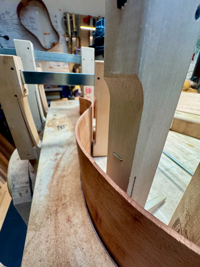 A bent side standing in the workboard against its cauls before glue-up