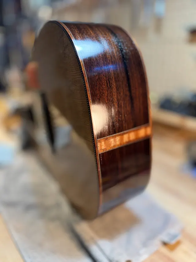 A French polished rosewood body in profile, the tail wedge catching the light