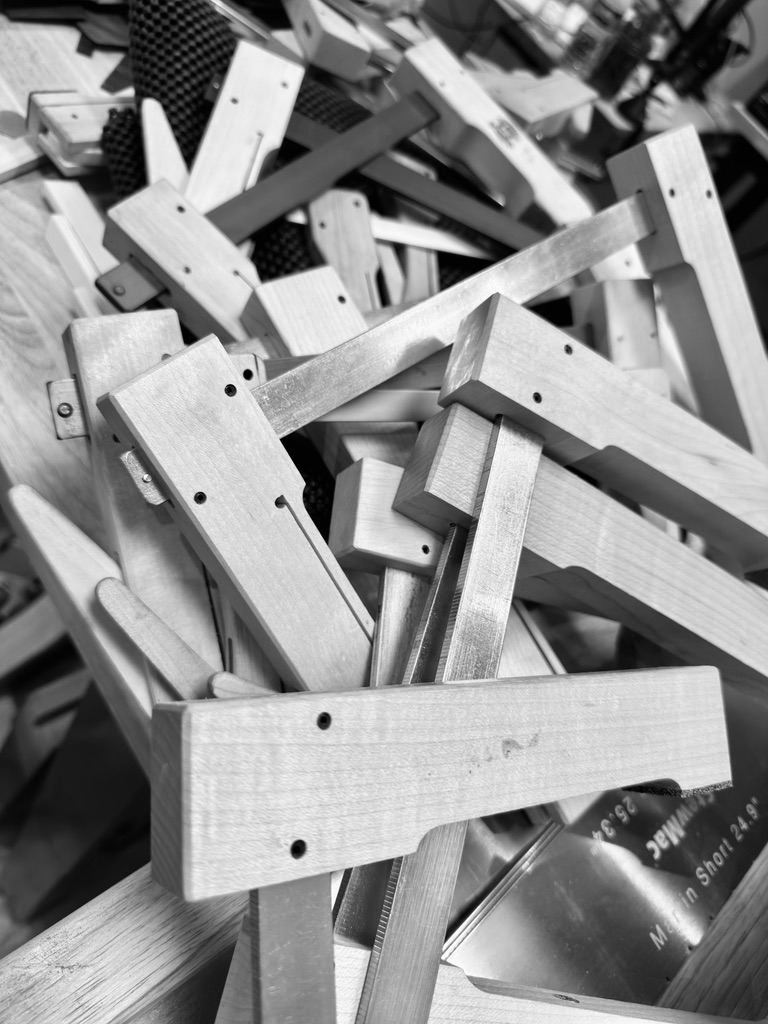 Pile of wooden go-bars, black and white