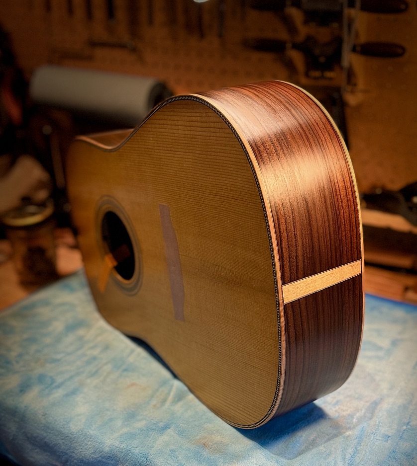 Parlor body side profile — cedar top, rosewood sides, herringbone purfling
