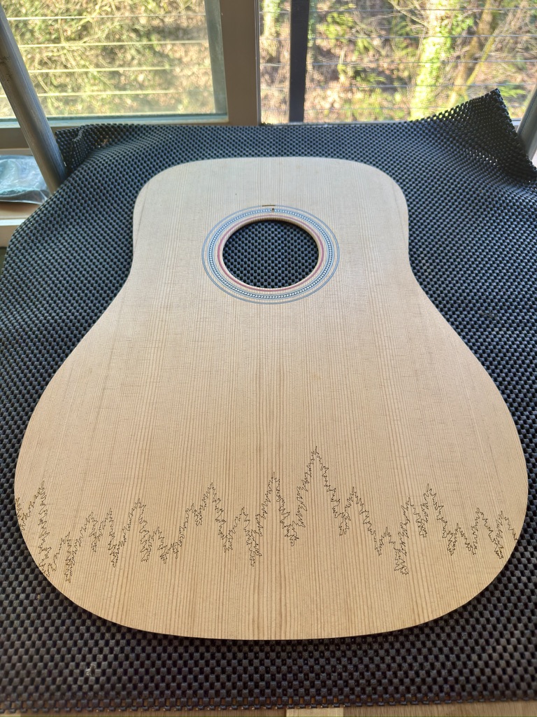 Spruce dreadnought top with forest silhouette inlay and rosette, unfinished