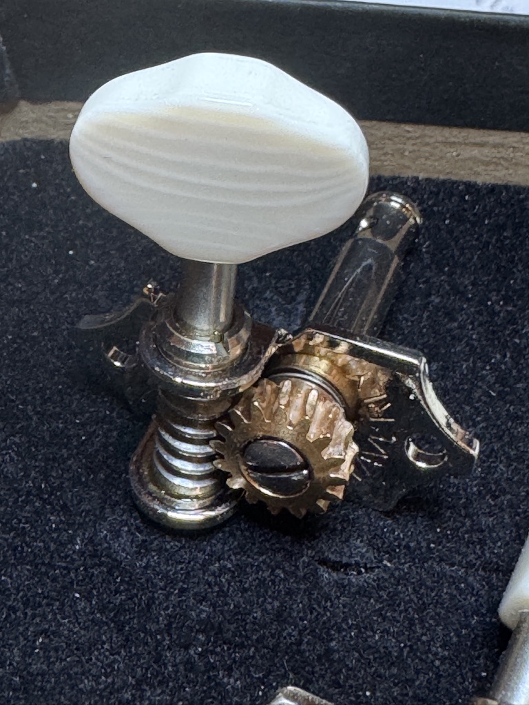 Waverly tuner closeup — bone button, brass worm gear